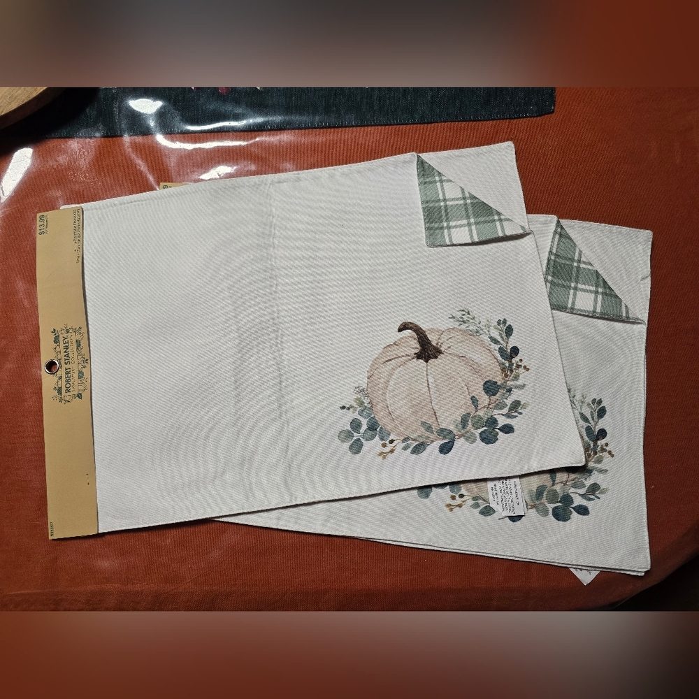 New Pumpkin Print Green Checkered Reversible Table Placemats Set Of 4